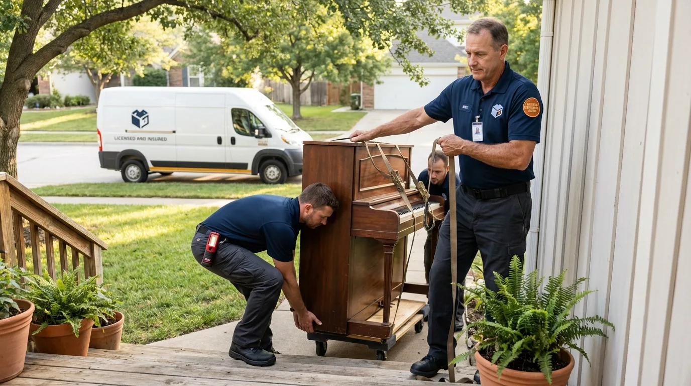 Licensed piano movers securing grand piano in Washington, IL