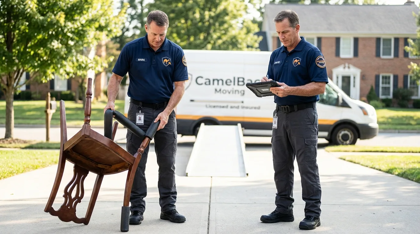 Movers inspecting furniture for damage prevention before loading in Washington, IL