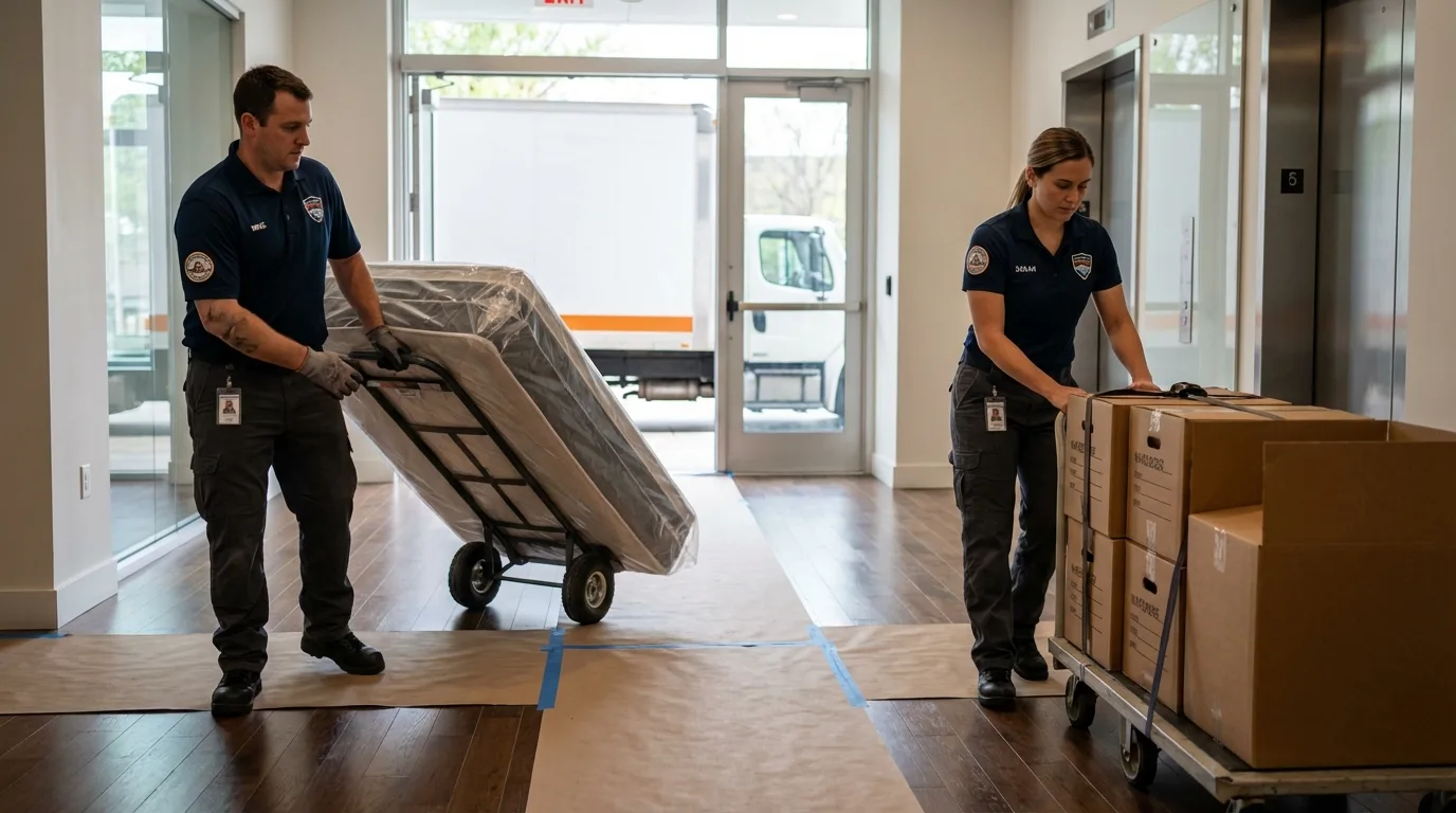 Professional apartment movers loading elevator in Washington, IL